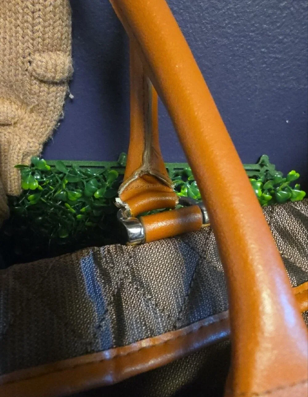 Quilted Shimmery Brown Tote with Tan Trim & Striped Interior